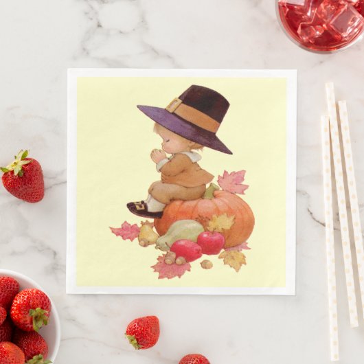 Vintager Pilgrim Boy betet auf Pumpkin Serviette (Beispiel)