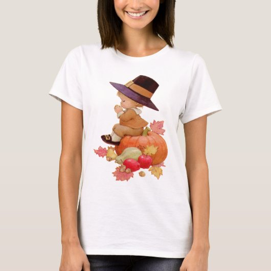 Vintager Pilgrim Boy betet auf Pumpkin T-Shirt (Vorderseite)