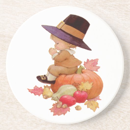 Vintager Pilgrim Boy betet auf Pumpkin Untersetzer (Vorne)
