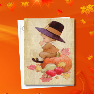 Vintager Pilgrim Boy Praying Pumpkin Parchment Tan Postkarte