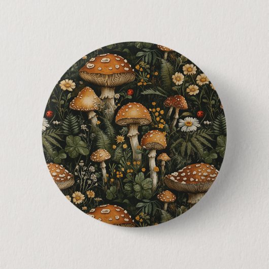 Vintager Pilzgarten Nahtloses Muster Button (Vorderseite)