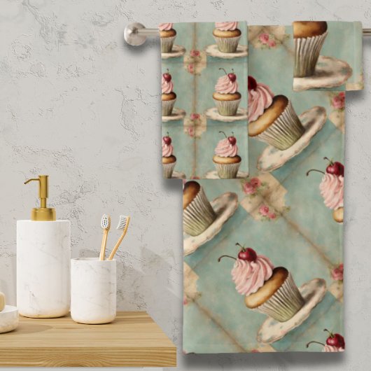 Vintager Pink Cupcake aus Frankreich Badhandtuch Set