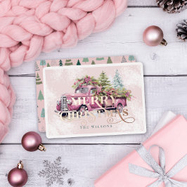 Vintager Pink Farm LKW Weihnachtsbaum Folien Feiertagskarte