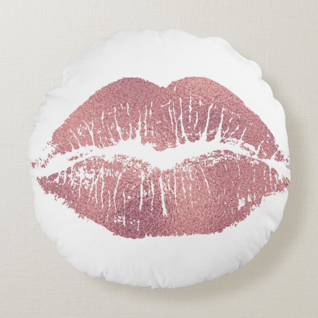 Vintager Pink Lippenaufdruck, Rose Gold. Rundes Kissen (Vorderseite)