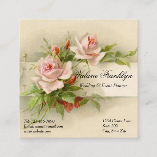 Vintager Pink Roses Hochzeitsplaner Quadratische Visitenkarte (Vorderseite)