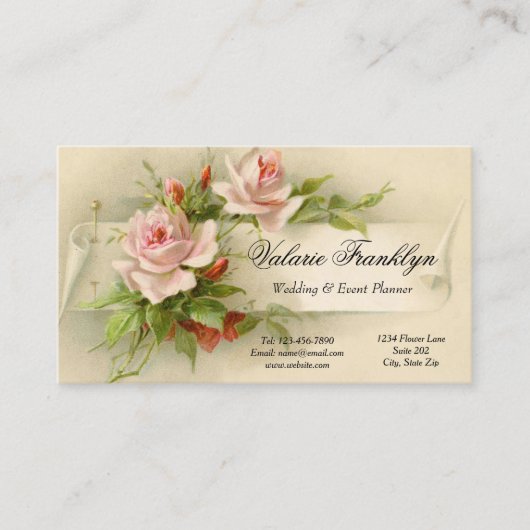Vintager Pink Roses Hochzeitsplaner Visitenkarte (Vorderseite)