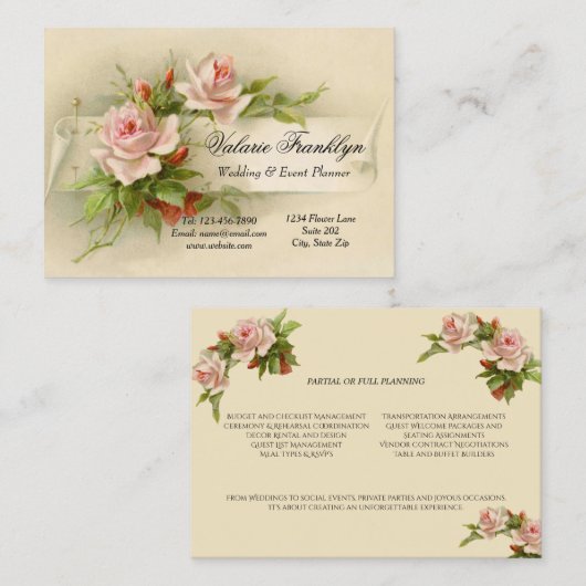 Vintager Pink Roses Hochzeitsplaner Visitenkarte (Vorne/Hinten)