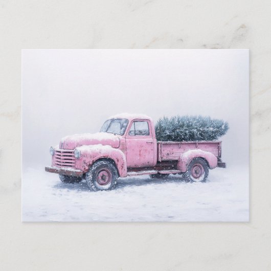 Vintager Pink Truck Weihnachtsbaum Blizzard Kunst Postkarte (Vorderseite)