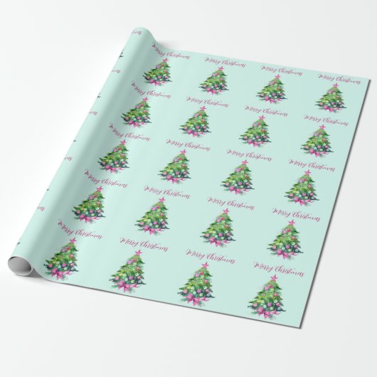 Vintager Pink und Minze Weihnachtsbaum Geschenkpapier (Ungerollt)