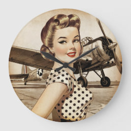 Vintager Pinup Girl & WW2 Flugzeug, elegant Große Wanduhr