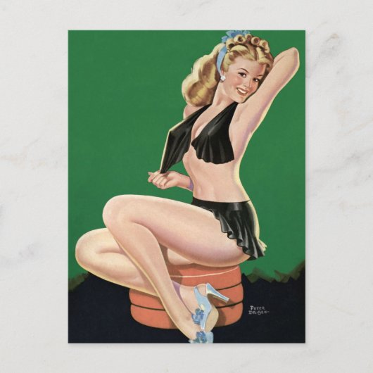 Vintager Pinup Schöne Blond auf grünem Hintergrund Postkarte (Vorderseite)