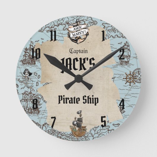 Vintager Piratenanker Nautical Boy Schlafzimmer Nu Runde Wanduhr (Vorderseite)