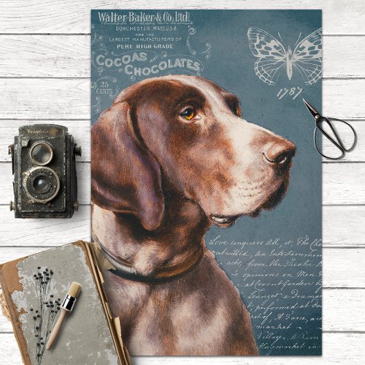 Vintager Pointer Dog mit Ephemera Decoupage Seidenpapier