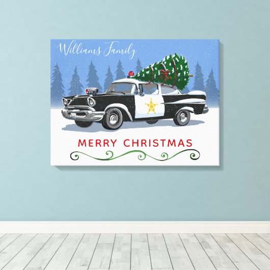 Vintager Polizeiwagen Frohe Weihnachtsmonogramm Na Leinwanddruck (Insitu (Holzboden))