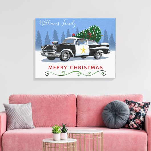 Vintager Polizeiwagen Frohe Weihnachtsmonogramm Na Leinwanddruck (Insitu (Wohnzimmer))