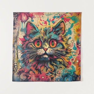 Vintager Pop Art, Louis Wain Style, schöne Katze Wandteppich