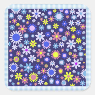 Vintager Pop Art Style Daisies auf Blue Gingham Quadratischer Aufkleber