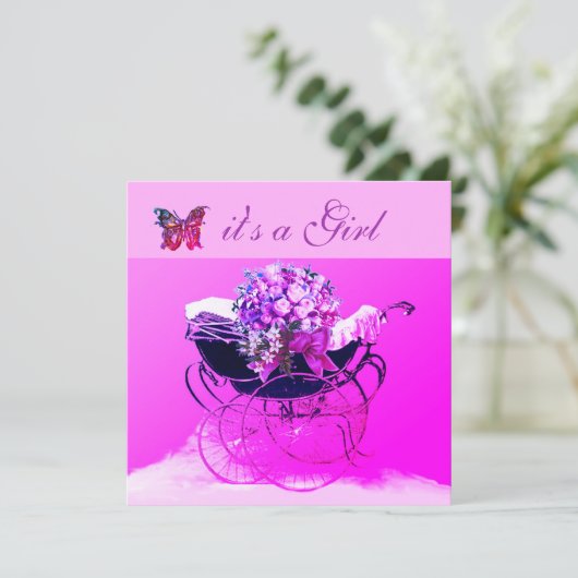 VINTAGER PRAM, BLUME, SCHALTFLÄCHEN, BABYDUSCHE EINLADUNG (Stehend Vorderseite)