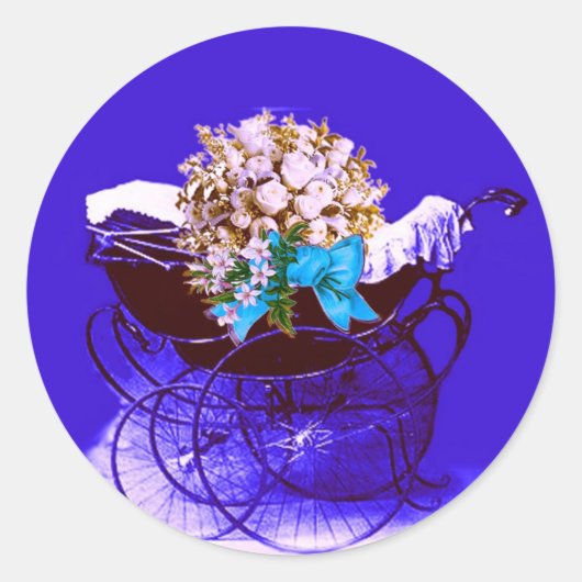 VINTAGER PRAM MIT BLUME BABY DUSCHE RUNDER AUFKLEBER (Vorderseite)