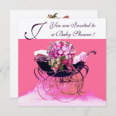 VINTAGER PRAM MIT BLUME BABY DUSCHMONOGRAM EINLADUNG (Vorne/Hinten)