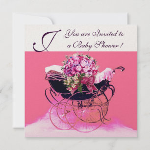 VINTAGER PRAM MIT BLUME BABY DUSCHMONOGRAM EINLADUNG