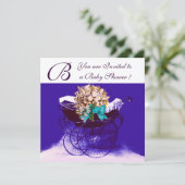 VINTAGER PRAM MIT BLUME BABY DUSCHMONOGRAM EINLADUNG (Stehend Vorderseite)