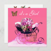 VINTAGER PRAM MIT BLUME, SCHALTFLÄCHEN BABY DUSCHE EINLADUNG (Vorne/Hinten)