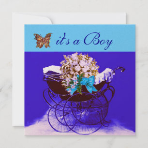 VINTAGER PRAM MIT BLUME, SCHALTFLÄCHEN BABY DUSCHE EINLADUNG