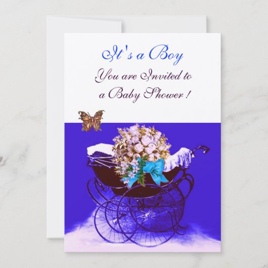 VINTAGER PRAM MIT BLUME, SCHALTFLÄCHEN BABY DUSCHE EINLADUNG (Vorderseite)