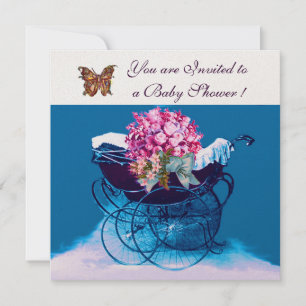 VINTAGER PRAM MIT BLUME, SCHALTFLÄCHEN BABY DUSCHE EINLADUNG