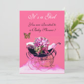 VINTAGER PRAM MIT BLUME, SCHALTFLÄCHEN BABY DUSCHE EINLADUNG (Stehend Vorderseite)