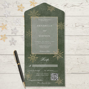 Vintager QR-Code für Green & Gold Glitzer Snowflak All In One Einladung