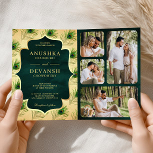 Vintager QR-Code-Hochzeit von Green Peacock Feathe Einladung