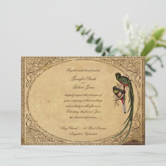 Vintager Quetzal Bird Elegante Hochzeit Einladung (Stehend Vorderseite)