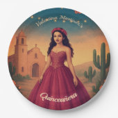 Vintager Quinceañera Individuelle Name Rotes Kleid Pappteller (Vorderseite)