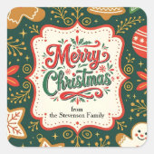 Vintager Rahmen Lebkuchen Cookies Frohe Weihnachte Quadratischer Aufkleber (Vorderseite)