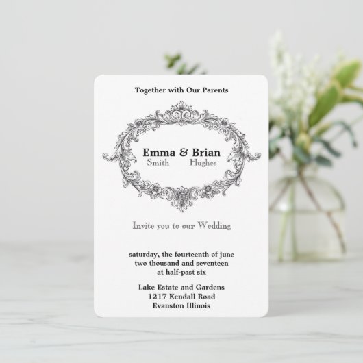 Vintager Rahmen scrollen Einladung (Stehend Vorderseite)