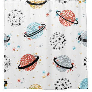 Vintager Raum Nahtloses Muster mit Doodle Saturn Duschvorhang