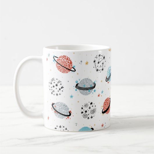 Vintager Raum Nahtloses Muster mit Doodle Saturn  Kaffeetasse (Links)