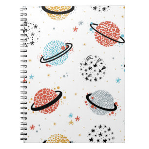Vintager Raum Nahtloses Muster mit Doodle Saturn Notizblock