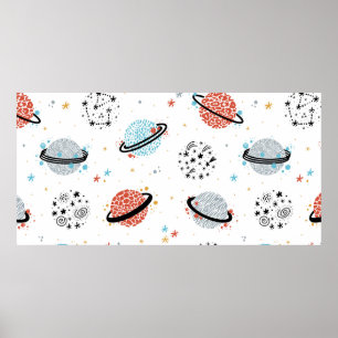 Vintager Raum Nahtloses Muster mit Doodle Saturn Poster