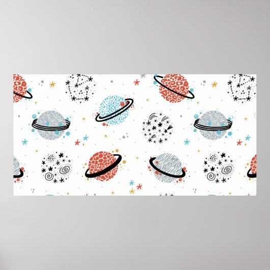 Vintager Raum Nahtloses Muster mit Doodle Saturn Poster (Vorne)