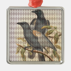 Vintager Raven Ephemera auf Taupe Harlequin Patter Ornament Aus Metall