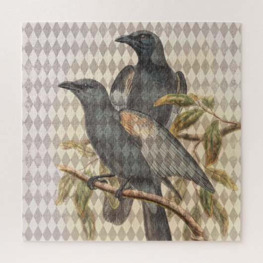 Vintager Raven Ephemera auf Taupe Harlequin Patter Puzzle (Vertikal)