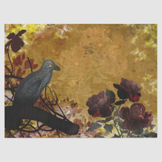 Vintager Raven und Rote Rosen Halloween Seidenpapier (Vorderseite)