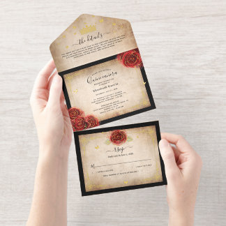 Vintager Real Gold Forest Black and Red Quinceaner All-in-One-Einladung