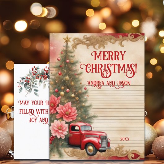 Vintager Red Car Gold Glitzer Winter Postkarte