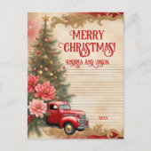 Vintager Red Car Gold Glitzer Winter Postkarte (Vorderseite)