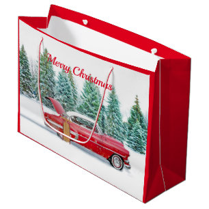 Vintager Red Car Snow Sled Weihnachten Große Geschenktüte