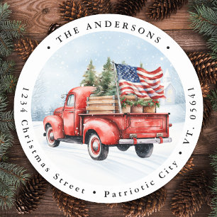 Vintager Red Christmas Truck US Flag Rücksendeadre Runder Aufkleber